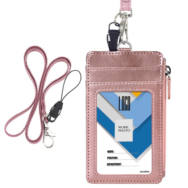 Wisdompro Badge Holder with Zip, Wisdompro Double Sided PU Leather ID Badge Card Holder Wallet Case with 5 Card Slots, 1 Side Zipper Pocket and 20 Inch Leather Neck Lanyard/Strap - Rose Gold (Vertical) - Image 1